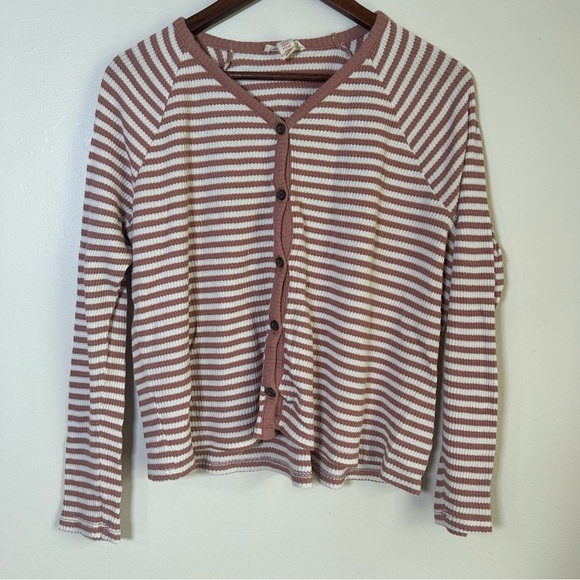 Striped V-Neck Button-Up Long Sleeve - Picture 1 of 3